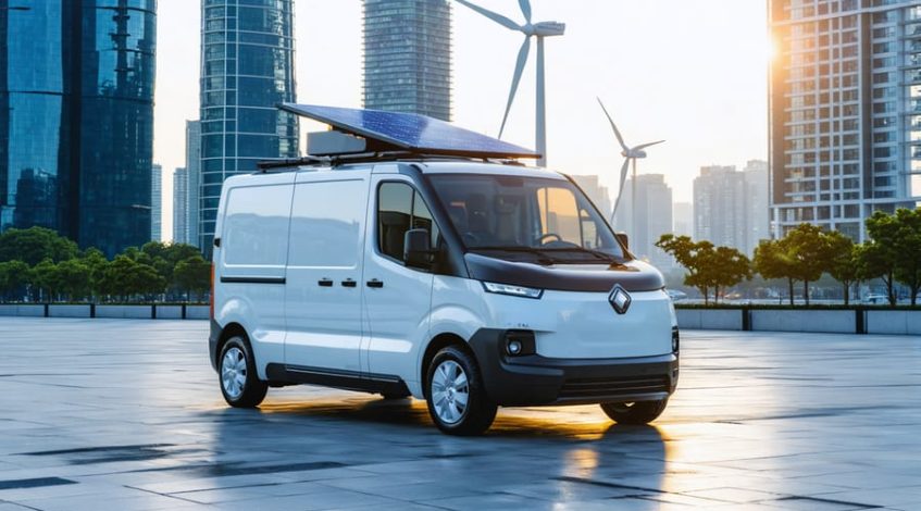 Sleek delivery van equipped with solar panels on its roof, parked in a bustling city setting with modern buildings and wind turbines in the background, illustrating the future of sustainable commercial transportation.