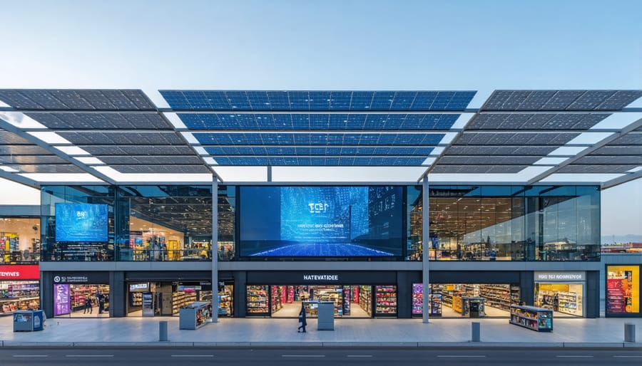 Solar panels on shopping mall roof integrated with digital retail displays