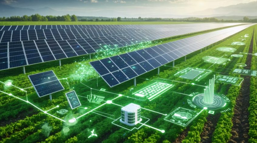 Futuristic solar farm showcasing multiple revenue streams including agricultural integration, digital data analytics, carbon credits, and energy storage.