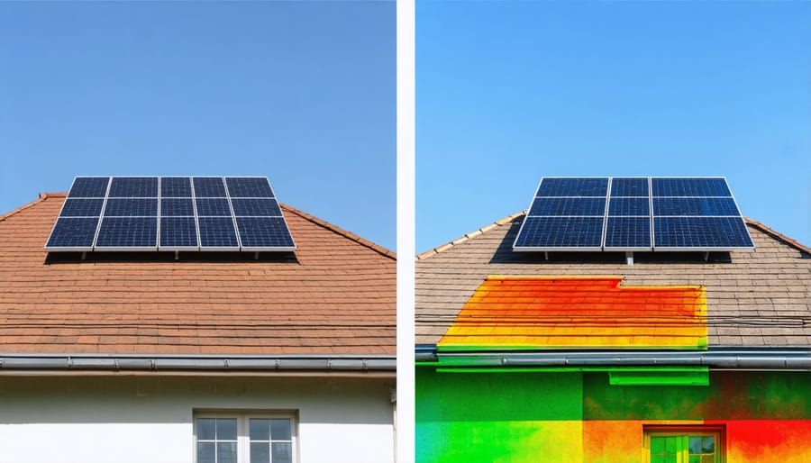 Before and after thermal images of a building roof showing cooling effect of solar panels