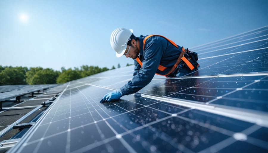 Professional installing and weatherproofing solar panels for emergency communication system