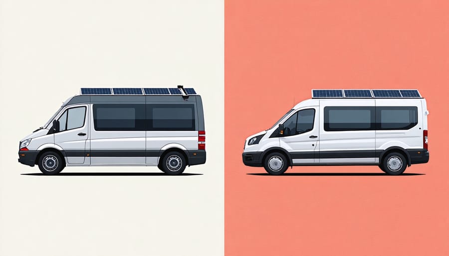 Side-by-side comparison of traditional e-van versus solar-enhanced e-transit van highlighting key differences