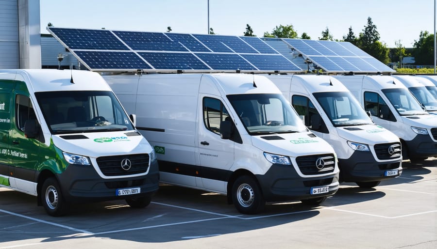Multiple solar-powered delivery vans at charging station with visible company branding