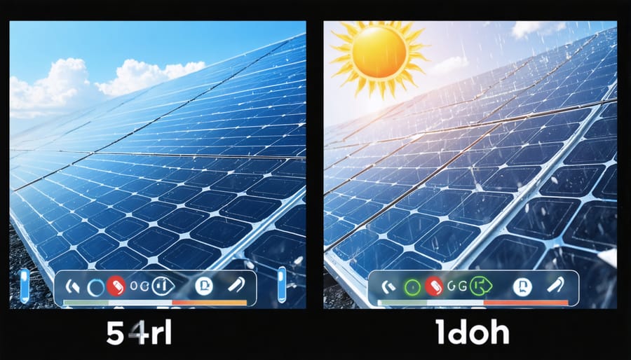 Side-by-side comparison of solar panels performance in sunny versus rainy weather