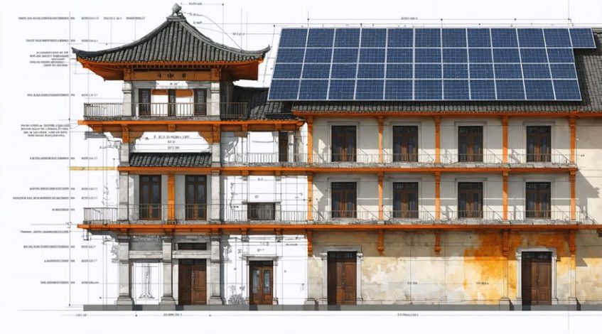A historical building with solar panels that complement its traditional architecture, demonstrating the harmonious integration of renewable energy technology with cultural heritage.