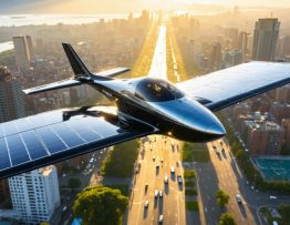 A futuristic solar-powered aircraft flies above a city skyline at sunrise, showcasing technology-driven sustainability with its solar panel-covered wings.