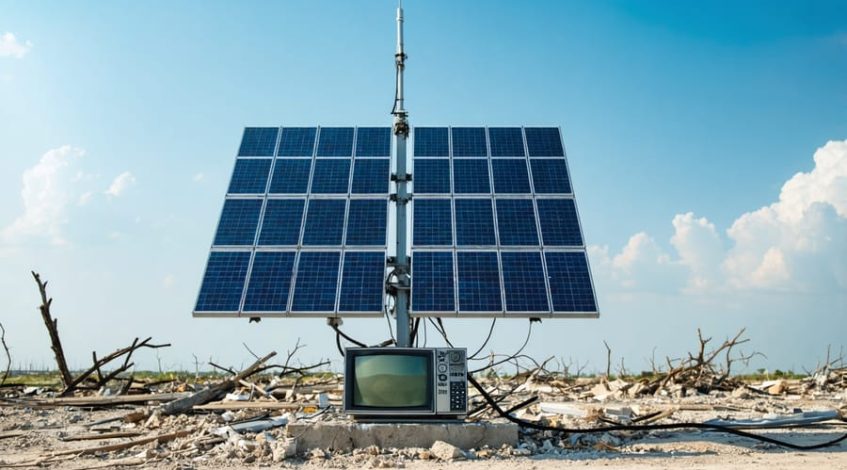 Solar panels powering an FM transmitter in a post-disaster environment, showcasing reliable communication through renewable energy.