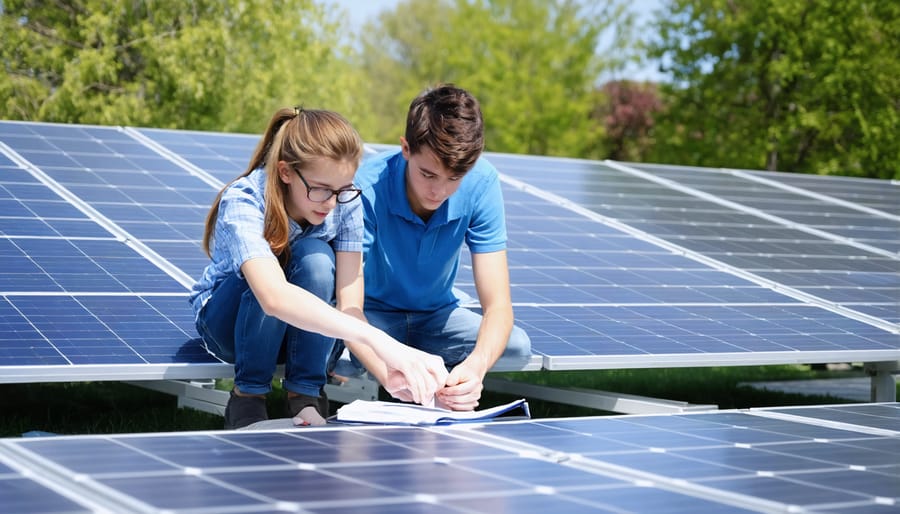 High school students installing and measuring solar panels during a hands-on learning session