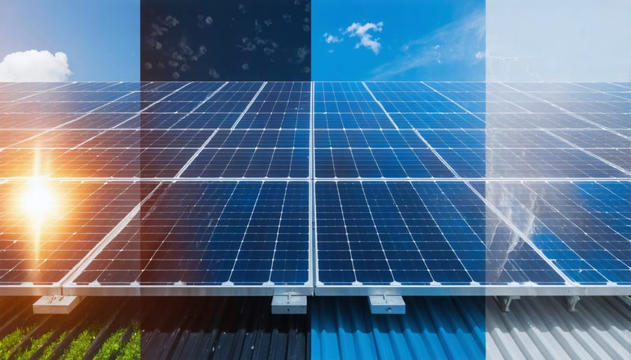 Solar panels operating in hot and cold conditions with temperature readings and efficiency metrics