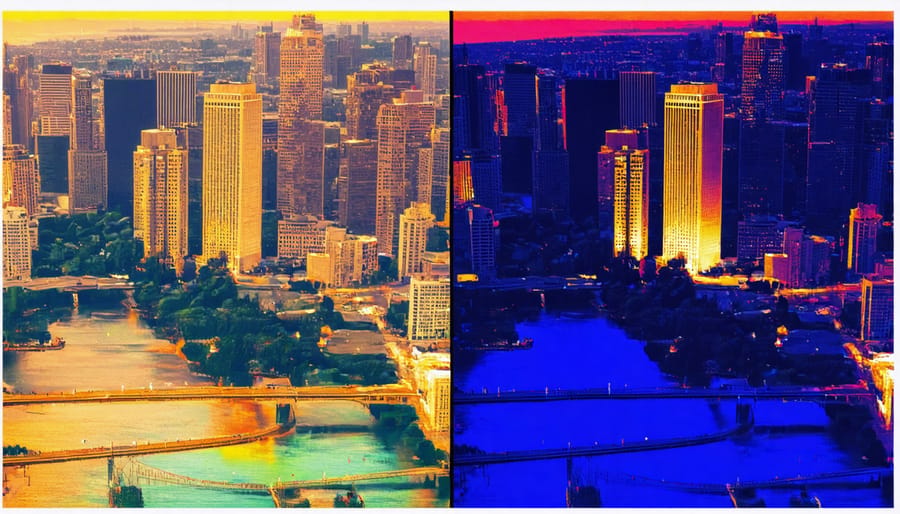 Thermal map visualization showing temperature differences between urban and suburban areas