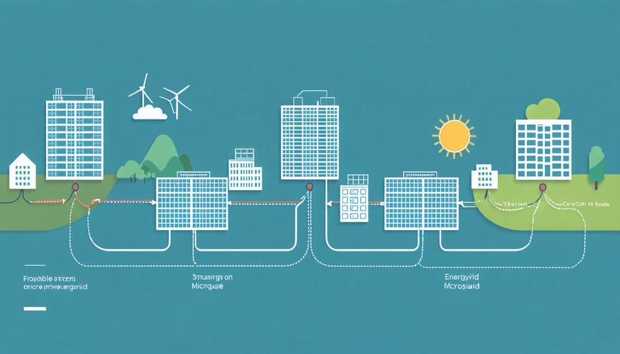 Diagram illustrating energy sharing between multiple buildings with solar panels, batteries, and grid connections