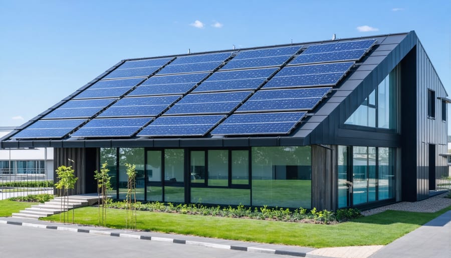 Contemporary office building with integrated solar panels and energy-efficient glass facade