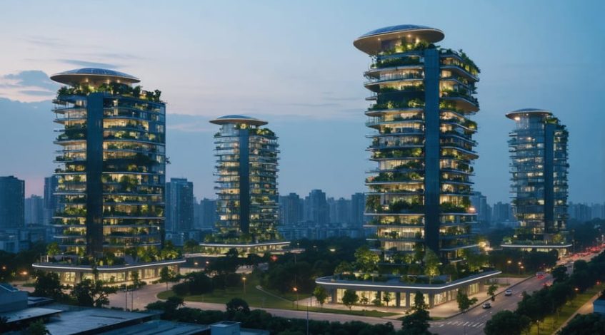 A futuristic urban skyline at dusk featuring modern buildings prominently equipped with solar panels and green vertical gardens, symbolizing the zero-energy building concept with smart technology integration.