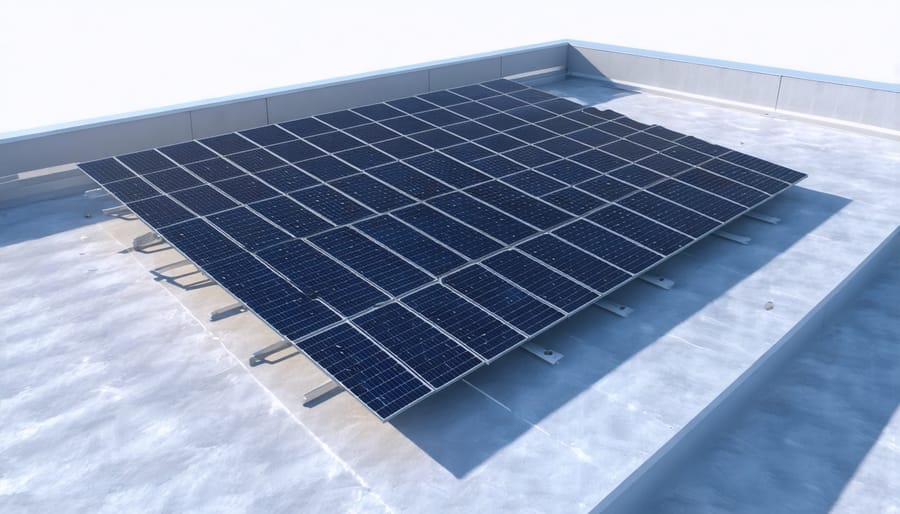 Computer-generated 3D model demonstrating solar panel placement and shade analysis on a commercial rooftop