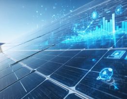 Futuristic solar panel installation with digital overlays showing real-time energy pricing fluctuations and analytics; represents the concept of adaptive solar pricing and smart energy management.