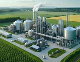 A high-tech industrial biomass processing facility featuring modern silos and conversion machinery, set amidst green fields, representing the blend of technological advancement and sustainable energy solutions.
