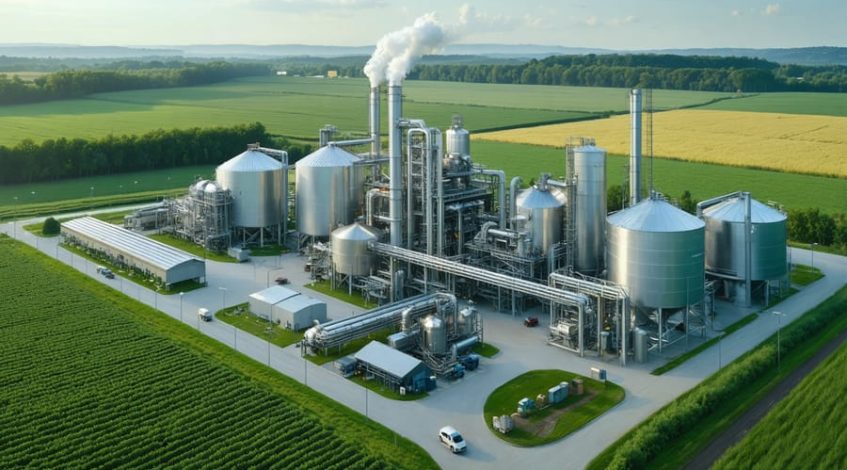 A high-tech industrial biomass processing facility featuring modern silos and conversion machinery, set amidst green fields, representing the blend of technological advancement and sustainable energy solutions.