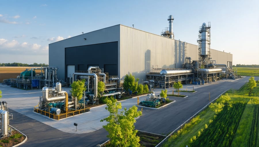 Industrial-scale biomass processing facility showing storage silos and conversion machinery