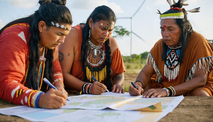 Indigenous leaders and solar energy experts working together on project planning