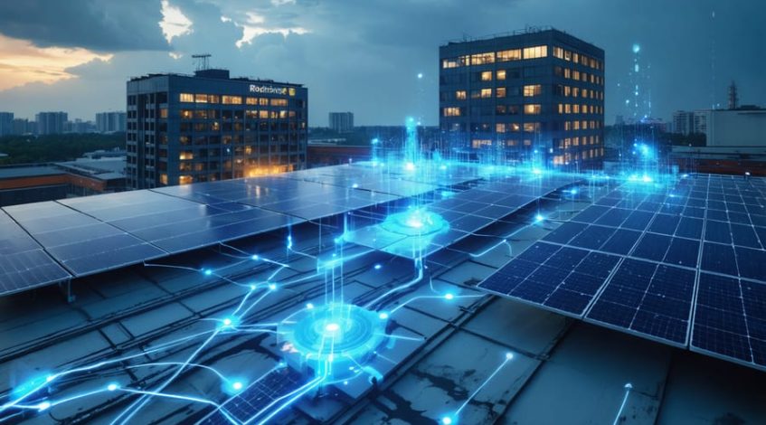 An artistic representation of a commercial building with solar panels and an integrated battery storage system, illustrating multiple revenue streams and energy flows in a commercial setting.