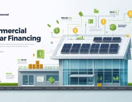 Infographic depicting the process of commercial solar financing with symbols of solar panels and financial growth on a commercial building backdrop.