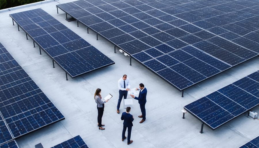 Solar panels on commercial building rooftop with business team reviewing installation plans