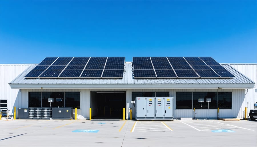 Large commercial facility featuring rooftop solar array and ground-mounted battery storage system
