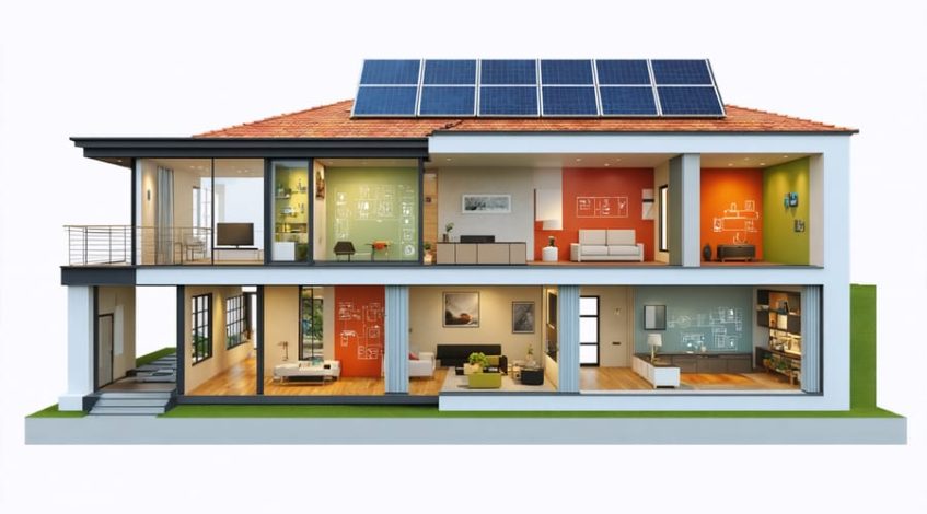Cutaway view of a residential building showing energy retrofit components including modern insulation, HVAC system, solar panels, and triple-pane windows, illustrating energy efficiency transformation.