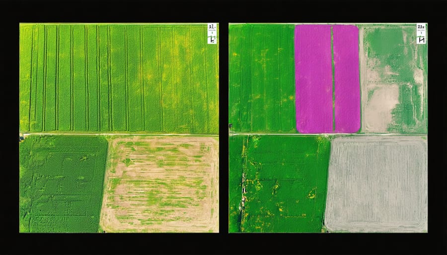 Side-by-side comparison of normal and thermal drone imagery showing crop health patterns