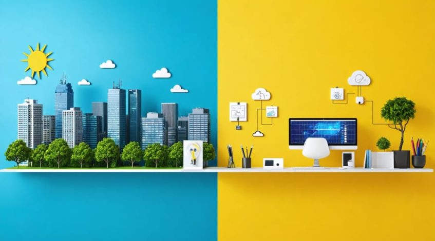 A split image depicting contrasting energy consumption patterns with decreased energy use in an office cityscape and increased residential energy use shown in a home office setting.