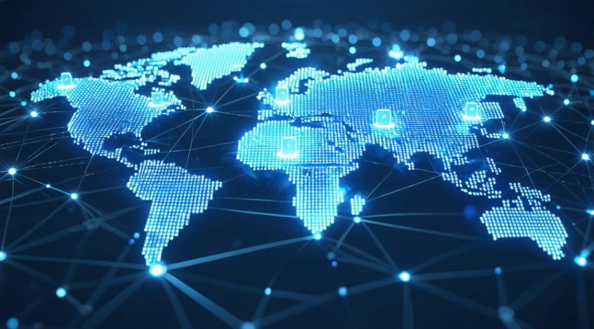 Conceptual illustration of a global solar supply chain network with interconnected nodes representing solar panel production and distribution across continents, highlighting strategic points for risk management.