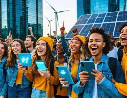 Diverse Generation Z activists gathered outside a corporate building, using digital devices to track energy consumption data, with solar panels and wind turbines symbolizing renewable energy influence.