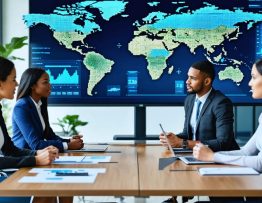 A gender-diverse team of energy professionals engaged in data analysis, emphasizing diverse perspectives and decision-making in energy management.