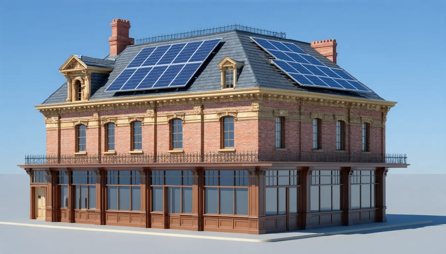 Historic Victorian commercial building showing successful integration of low-profile solar panels