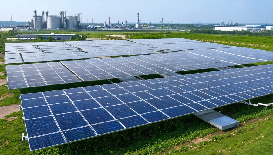 Large-scale industrial facility featuring integrated solar panels and biomass processing units
