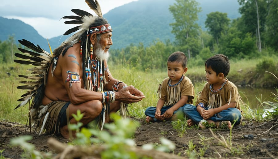 Elder sharing traditional environmental knowledge with younger generation in natural setting