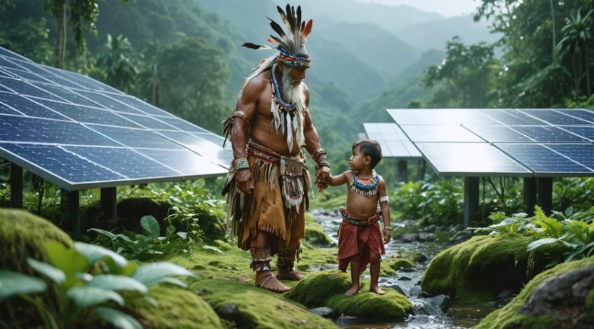 An indigenous elder teaches a younger community member about traditional ecological knowledge in a natural landscape, surrounded by solar panels, illustrating the fusion of traditional wisdom with modern solar energy solutions.