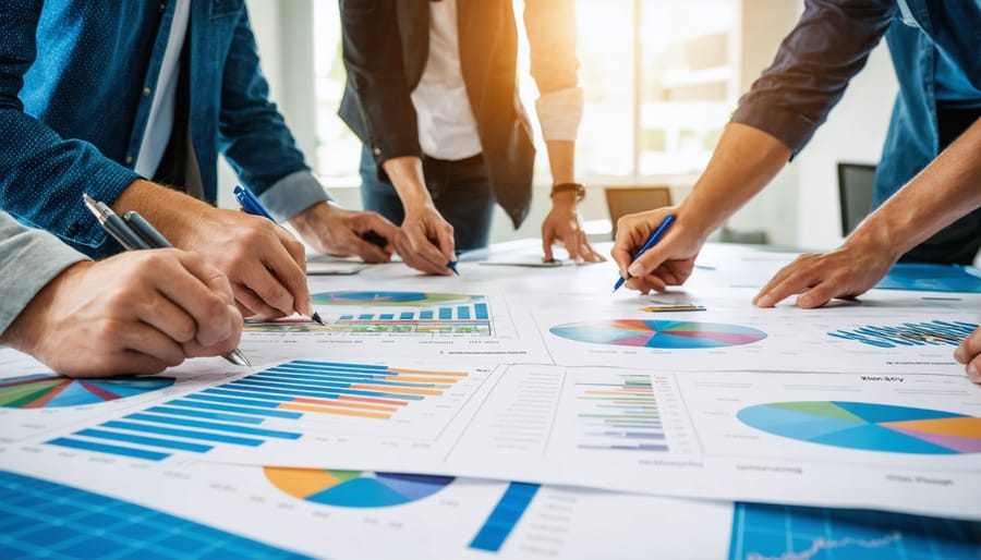 Multi-ethnic team of renewable energy experts reviewing solar project plans