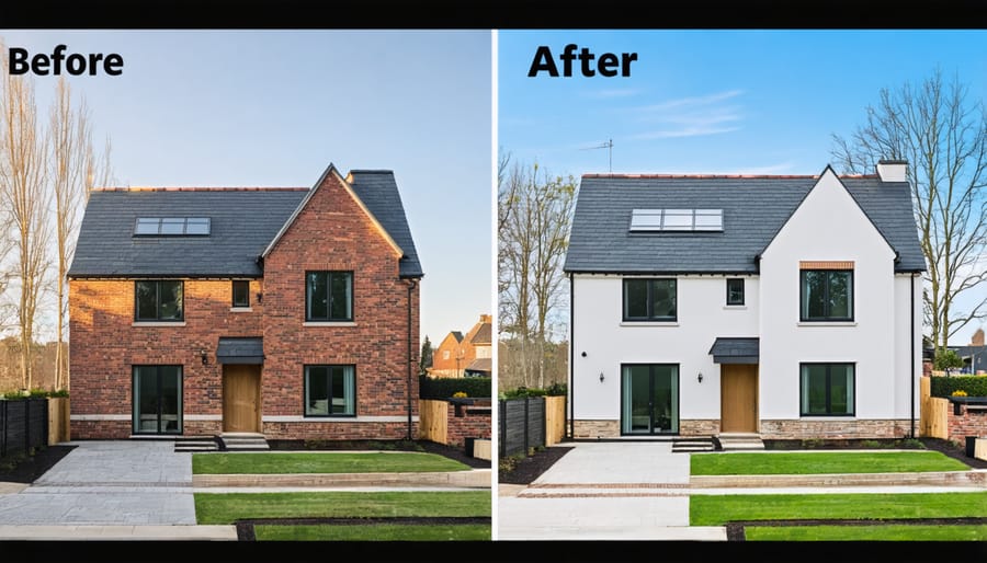 Side-by-side comparison of a home's exterior before and after energy retrofit completion