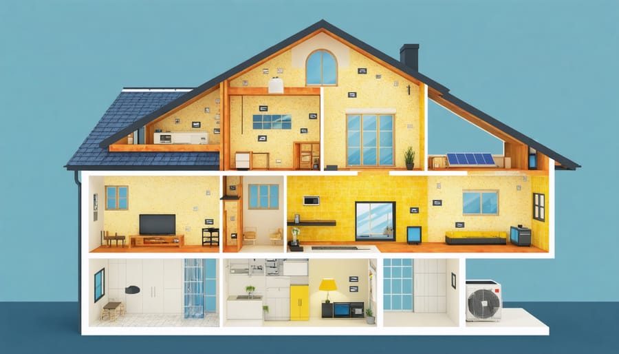 Detailed technical illustration of home energy retrofit components and systems