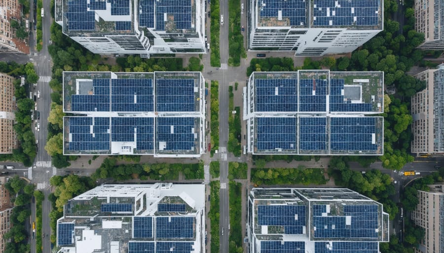 Bird's eye view of an urban landscape showcasing integrated green technology and sustainable infrastructure