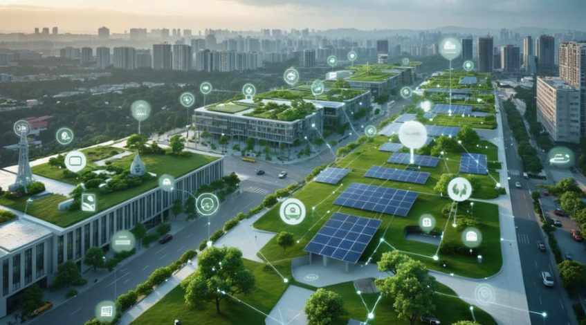 An illustration of a futuristic smart city integrating solar panels, green roofs, and smart technology, demonstrating sustainable energy use and urban green initiatives.