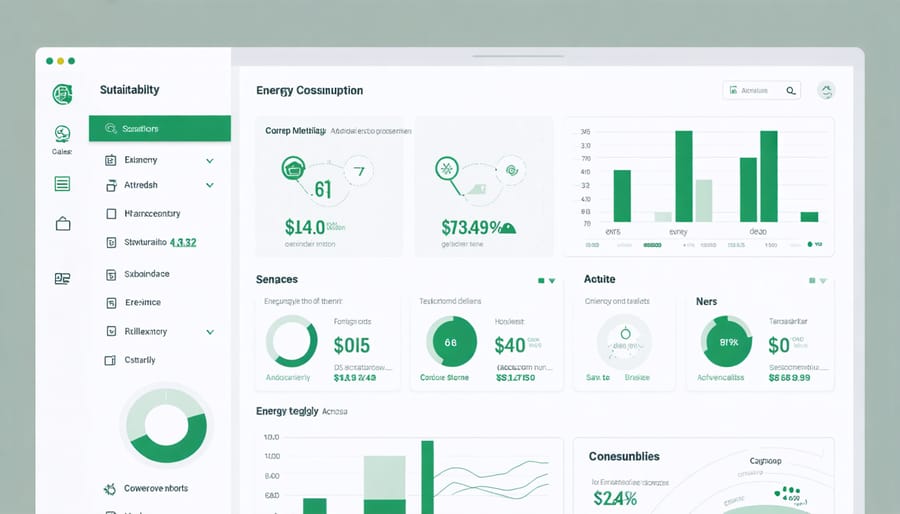 Smart city control center dashboard displaying energy usage statistics and environmental impact indicators