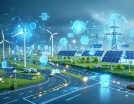 Conceptual illustration of a smart grid ecosystem featuring interconnected components including solar panels, wind turbines, smart meters, and energy storage systems. Arrows indicating energy flow and integration of AI and IoT elements for optimal energy management.