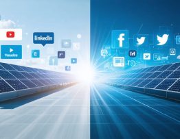 A split-screen image showing social media posts on platforms like LinkedIn and Twitter about solar energy success stories, paired with an illustration of solar panels being installed, capturing how social media drives solar adoption.