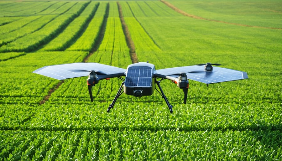 Solar-powered agricultural drone flying above a green crop field