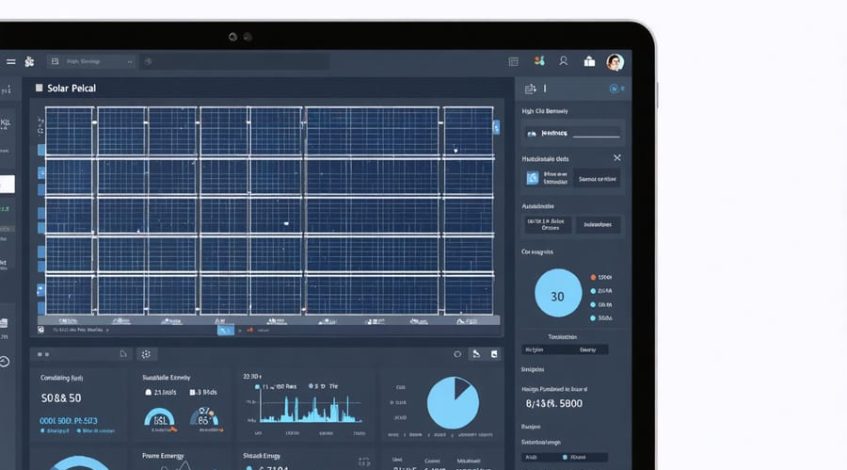 Illustration of solar design software displaying a solar panel layout with 3D modeling and shading analysis, complemented by charts for efficiency and cost-benefit analysis.