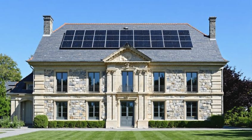 A historical building with solar slate tiles integrated into its classic roof, illustrating the harmonious blend of sustainable technology and historical preservation.
