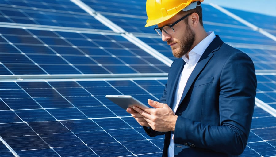 Professional solar energy executive analyzing solar installation with digital technology