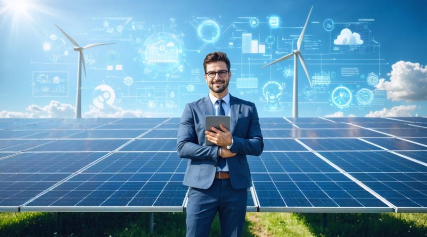 A confident solar energy leader in business attire holding a tablet, standing amidst solar panels and wind turbines, representing the integration of technology and business in the renewable energy industry.